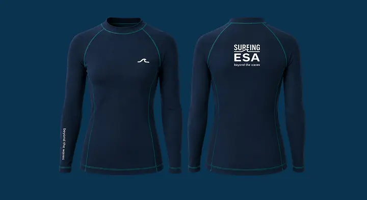 Surfing ESA long sleeve navy rash guard, front and back