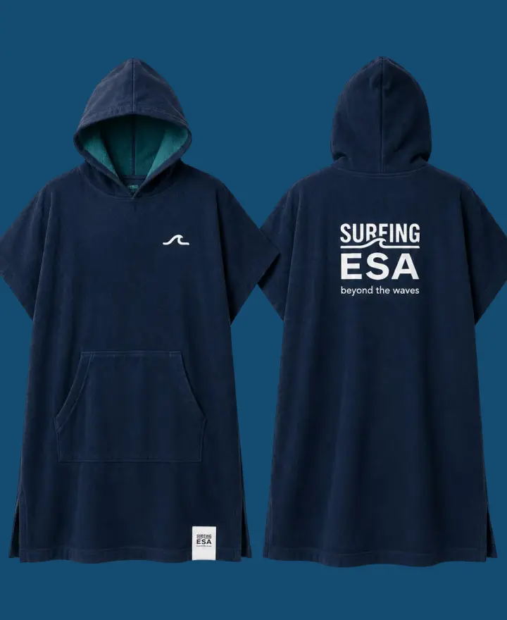 Surfing ESA navy surf poncho, front and back