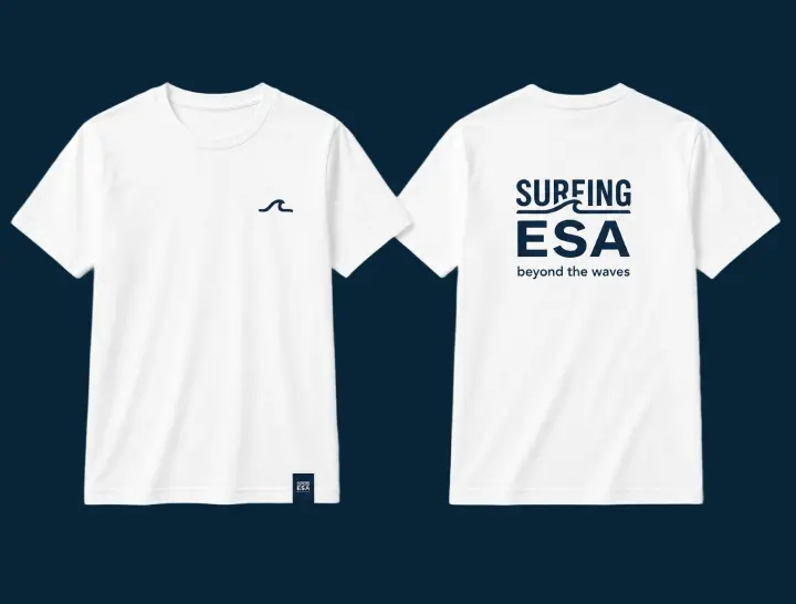 Surfing ESA white t-shirt, front and back