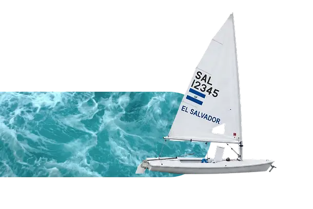 Sailing dinghy with the El Salvador flag on turquoise water